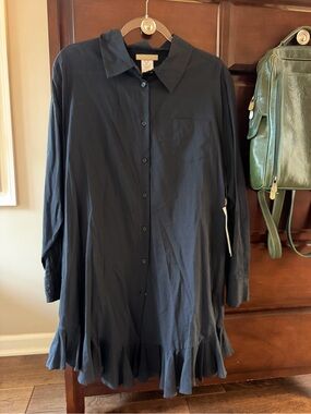 Beach House Black Long-Sleeve Button-Down Dress with Ruffle Hem